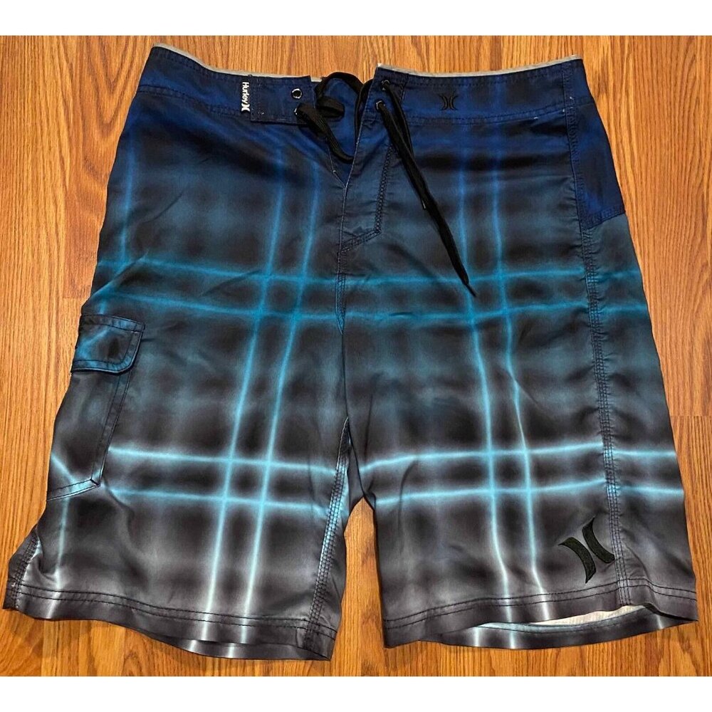 Hurley Swim Trunks Mens 32 Blue Plaid Stripes All Over Print Beach Board Shorts